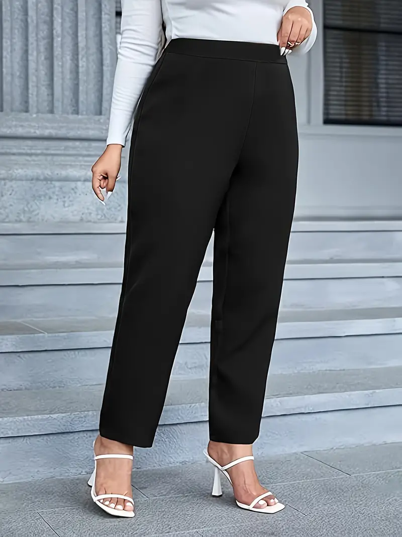 Plus Size Business Casual Pants, Women's Plus Solid Elastic Waist Medium  Stretch Pencil Trousers