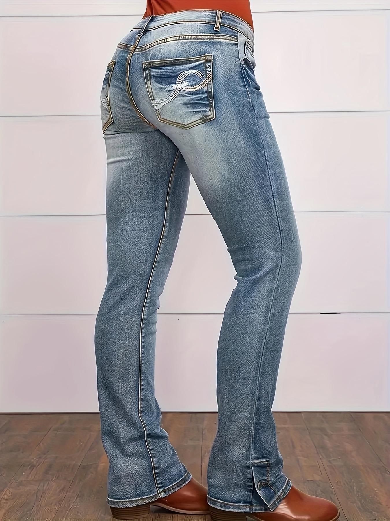 Ombre Wing Embroidery Bootcut Jeans, Slant Pocket Mid-stretch