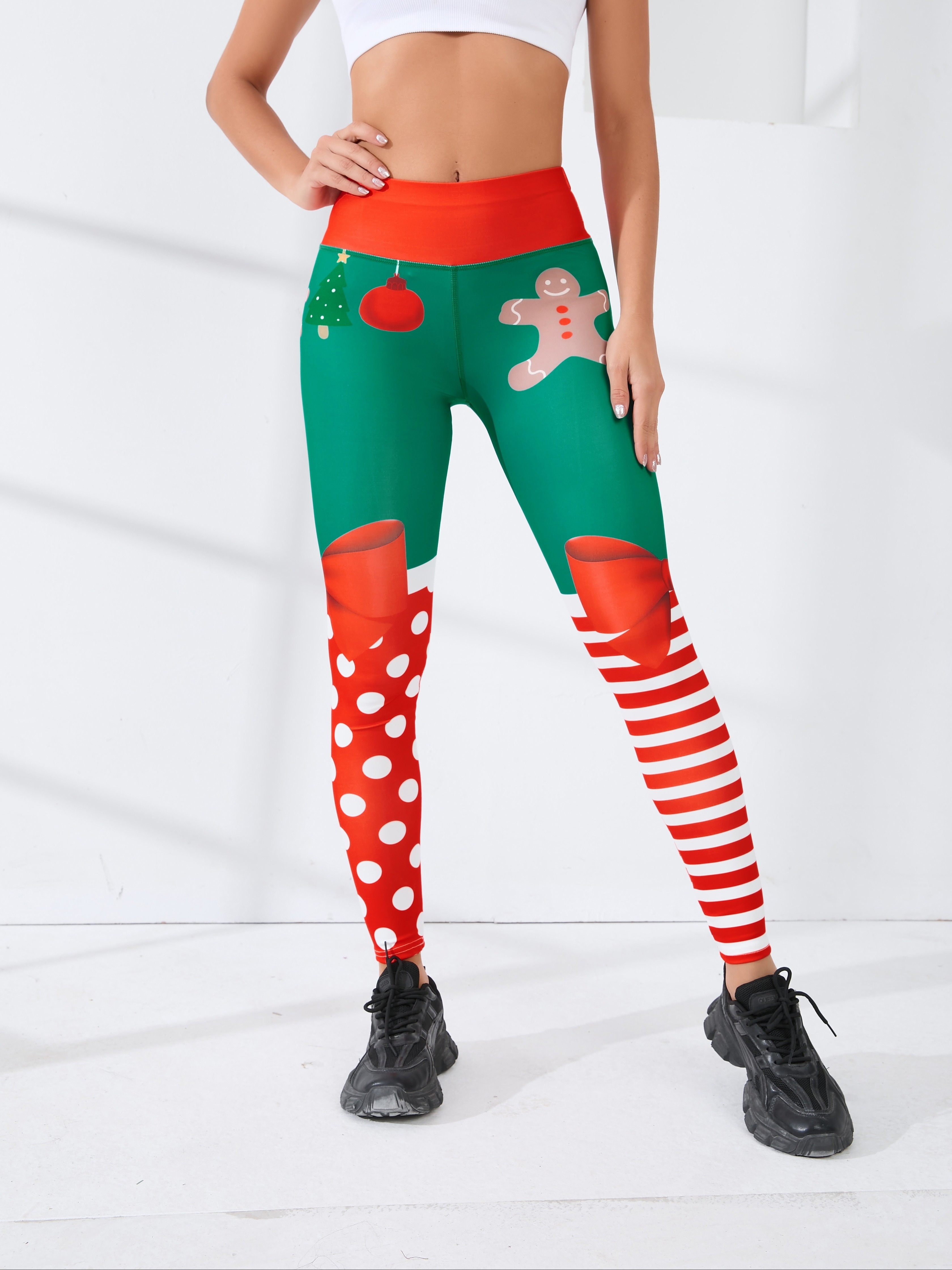 Christmas Two Tone Printed Yoga Pants, High Waist Butt Lifting Slim Sports  Leggings For Halloween Performance, Women's Activewear Carnaval & Music Fes