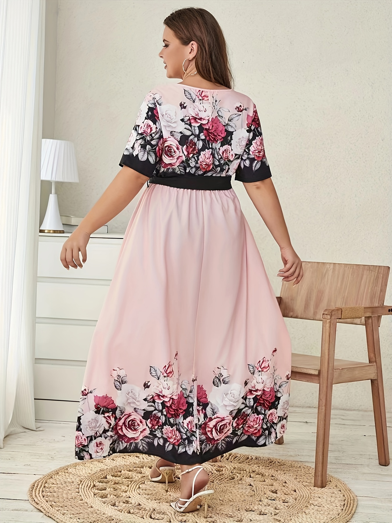 plus size elegant dress womens plus floral print short sleeve round neck belted maxi dress