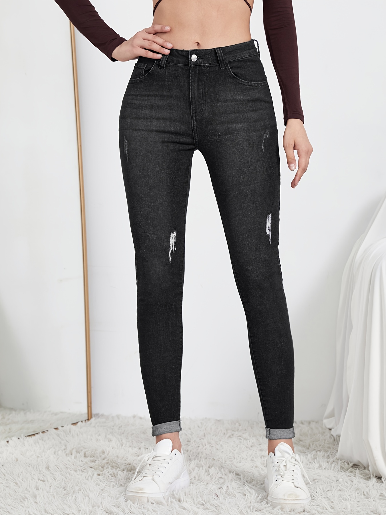 Plain High Stretch Skinny Jeans Slim Fit Casual Denim Pants - Temu