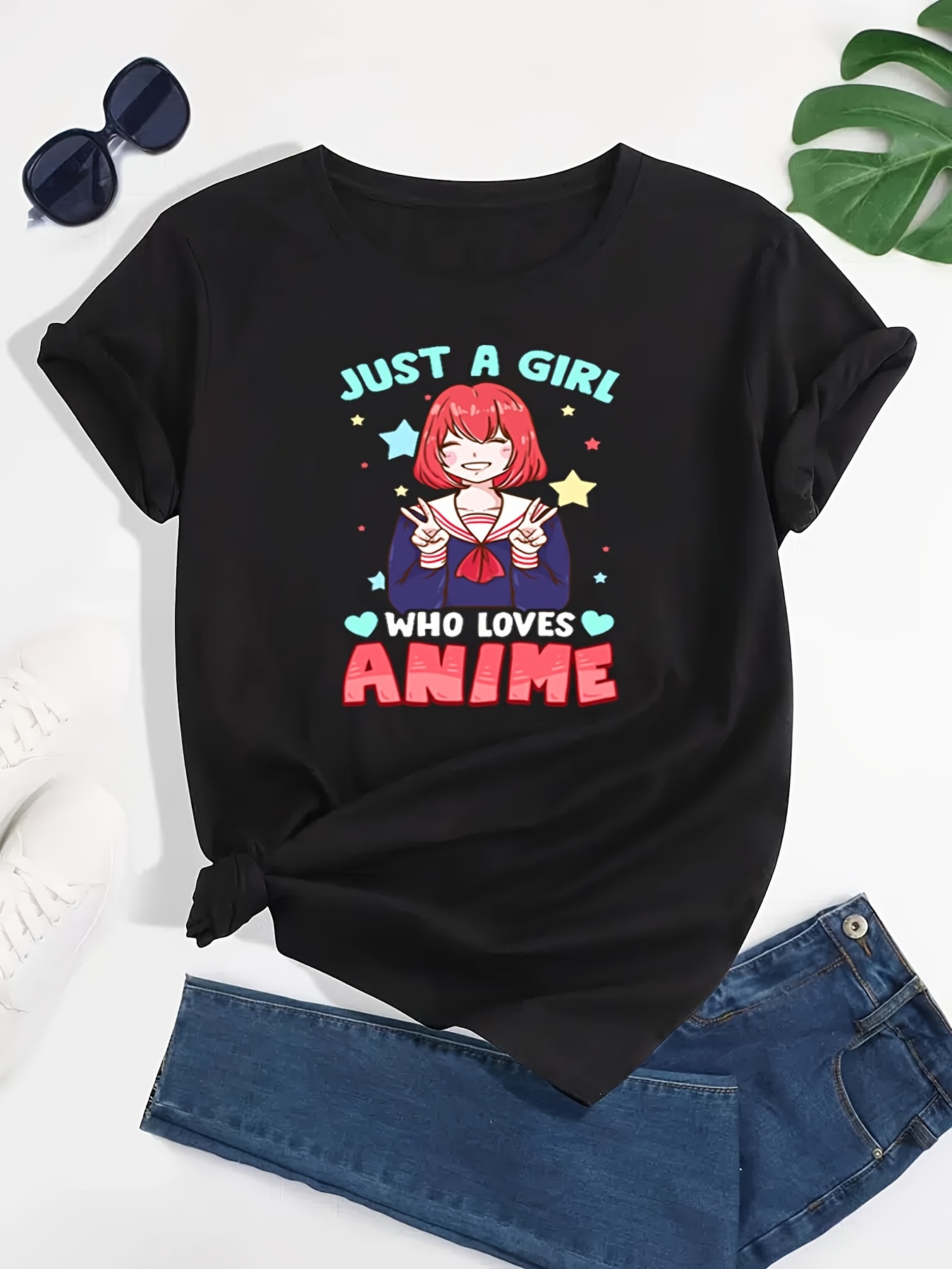 Anime Print Crew Neck T-Shirt, Topo de Manga Curta Fofo para Primavera e  Verão, Vestuário Feminino - Temu Portugal