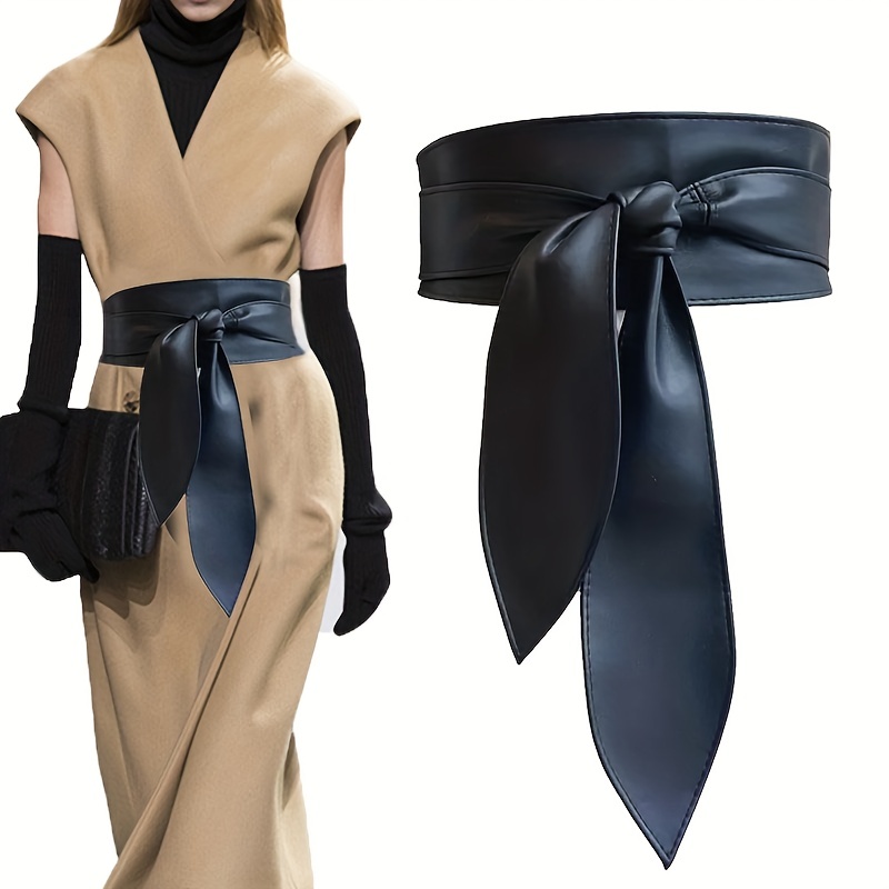 

Black Bowknot Obi Belt Lace Up Tied Knot Corset Pu Wide Belts Cinch Waistband Elegant Dress Coat Girdle For Women