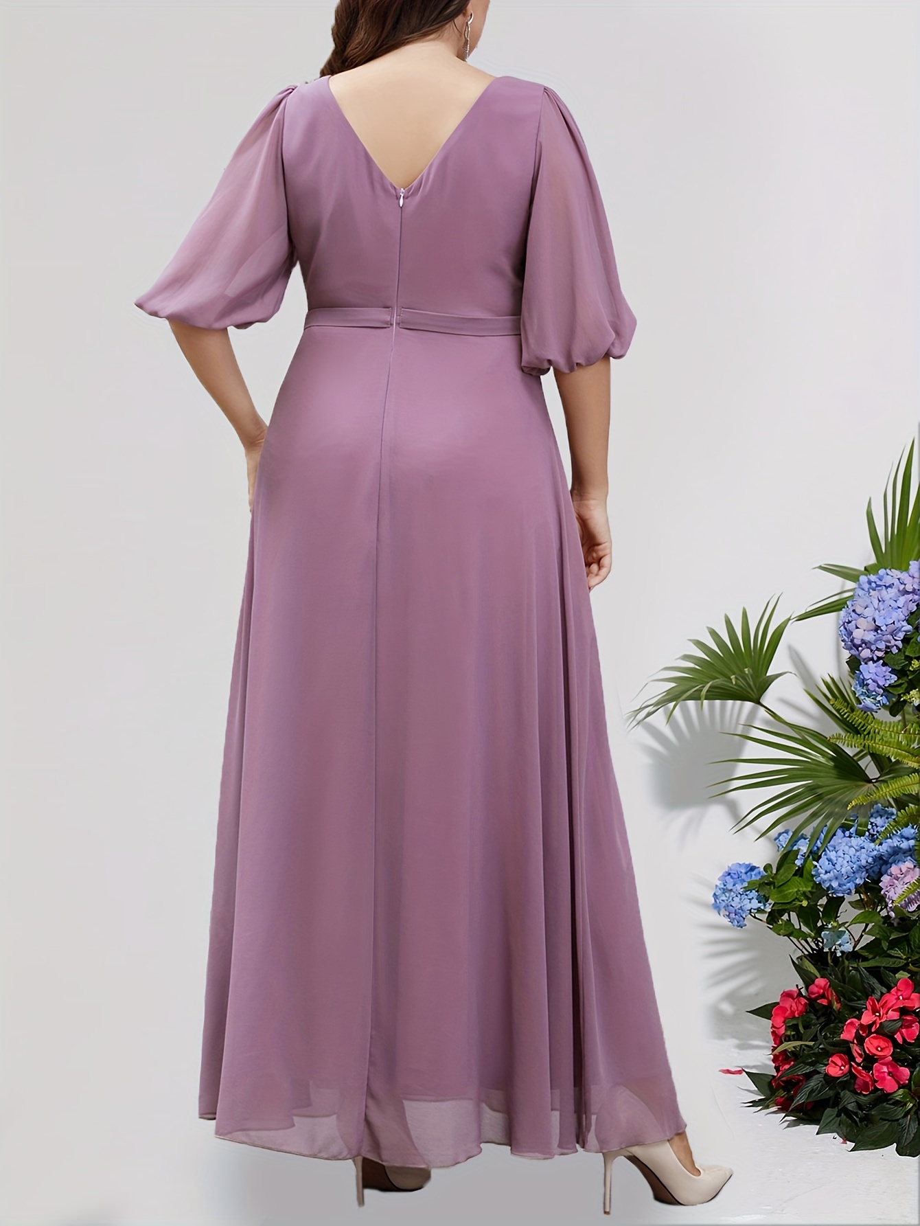 Plus Size Robe De Demoiselle D'honneur En Maille, Élégante Robe À Manches  Lanterne Pour Fête De Mariage, Vêtements Grande Taille Pour Femmes