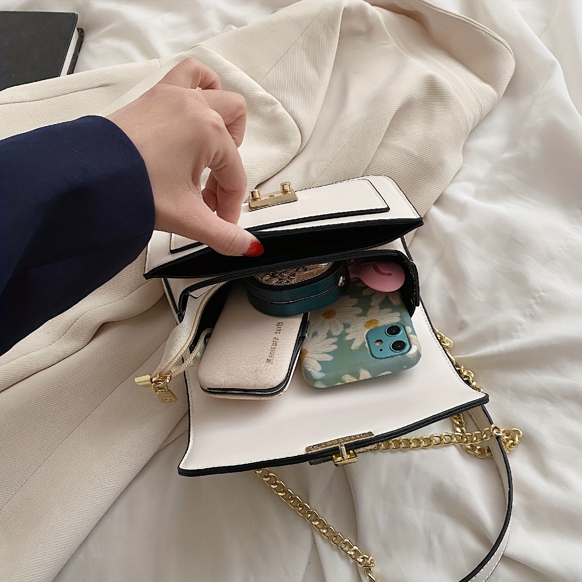 Fashion Chain Crossbody Bag, Color Contrast Square Purses, Buckle Decor  Shoulder Bag For Women