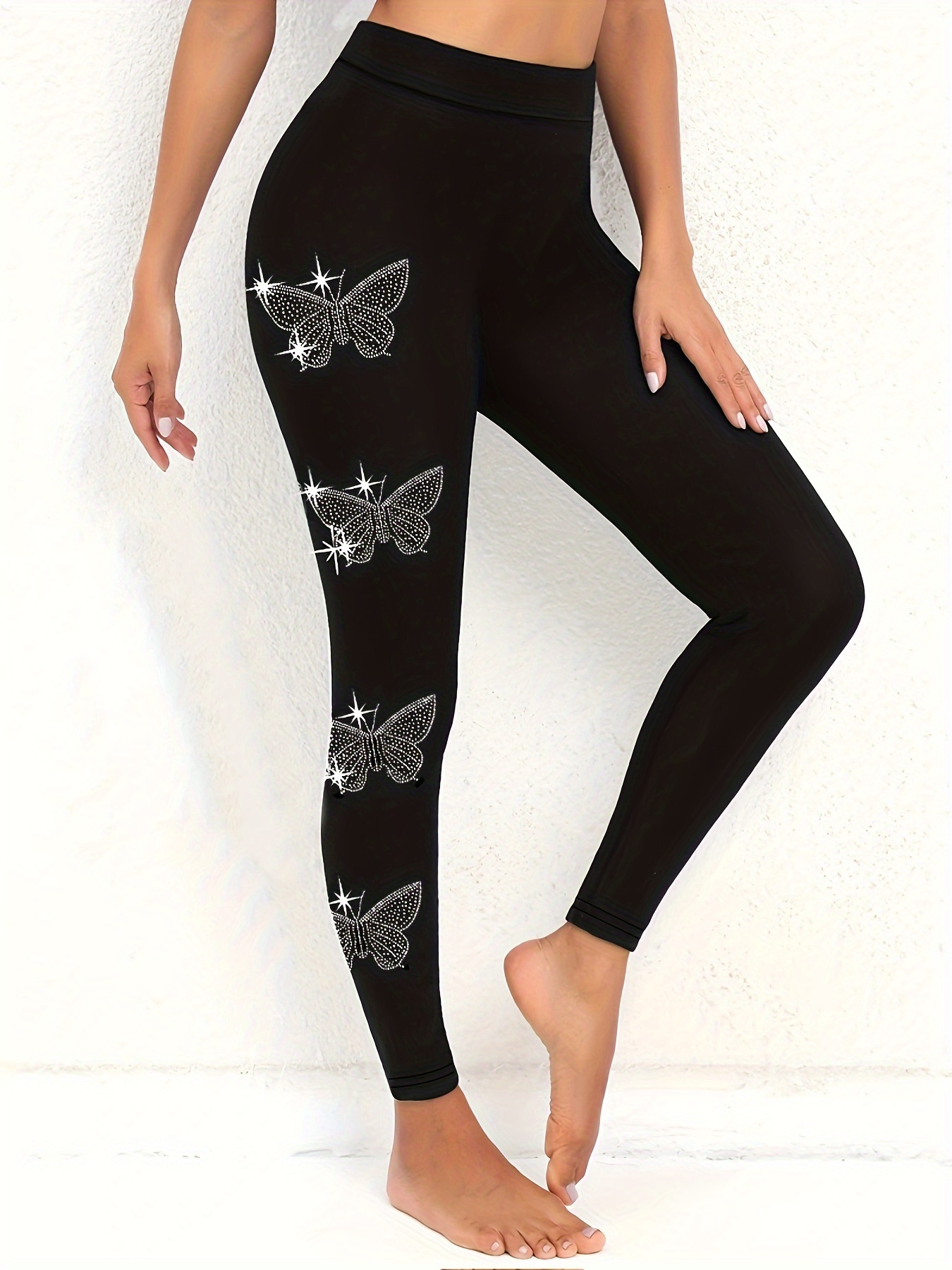 Rhinestone Butterfly Skinny Leggings, Casual High Waist Every Day Leggings,  Women's Clothing