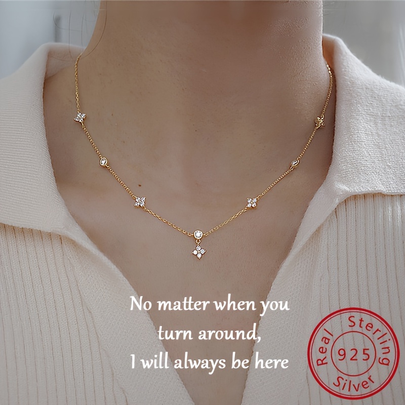 

925 Sterling Silver 4 Leaf Grass Zircon Necklace For Women's Lucky Retro Simple Clavicle Chain Necklace Valentine's Day Anniversary Gift