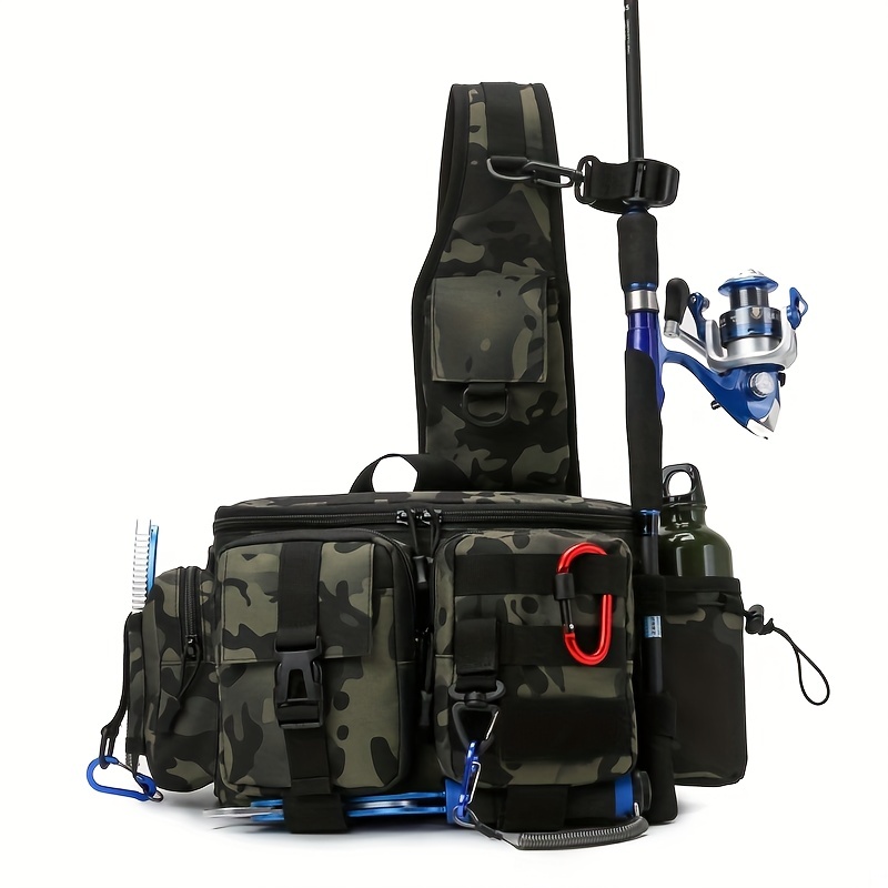 Portable Fishing Tackle Bag with Rod Holder - Durable 600D Nylon Sling Pack  for Easy Access to Tackle Box and Gear