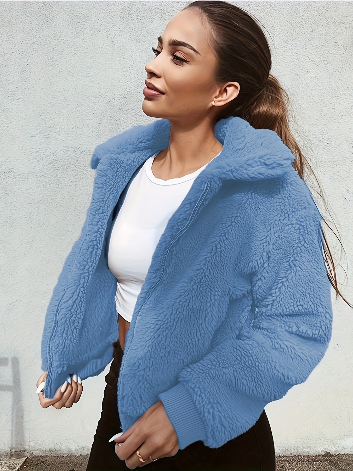 Solid Open Front Teddy Coat Elegant Faux Fur Thermal Winter - Temu