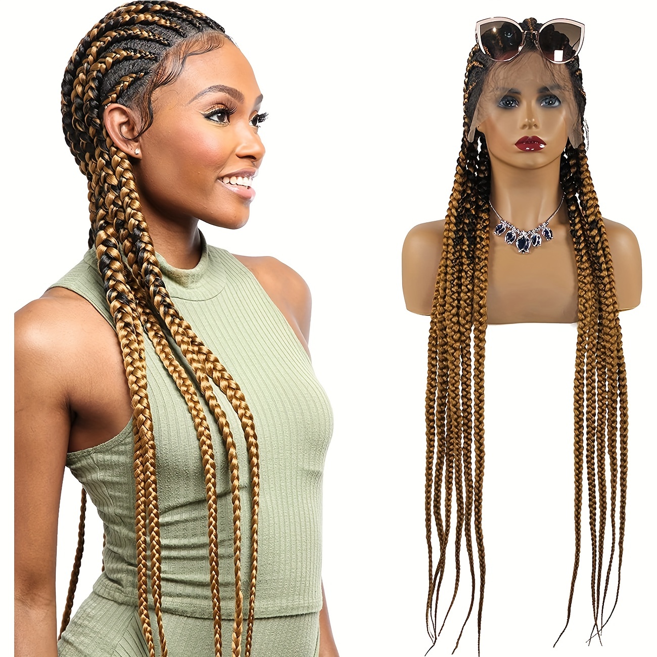 36' Braid wig Handmade 360 Full Lace Braided Wigs for Black Women Lace  Front Wig Frontal Natural Cornrow Wigs Hair