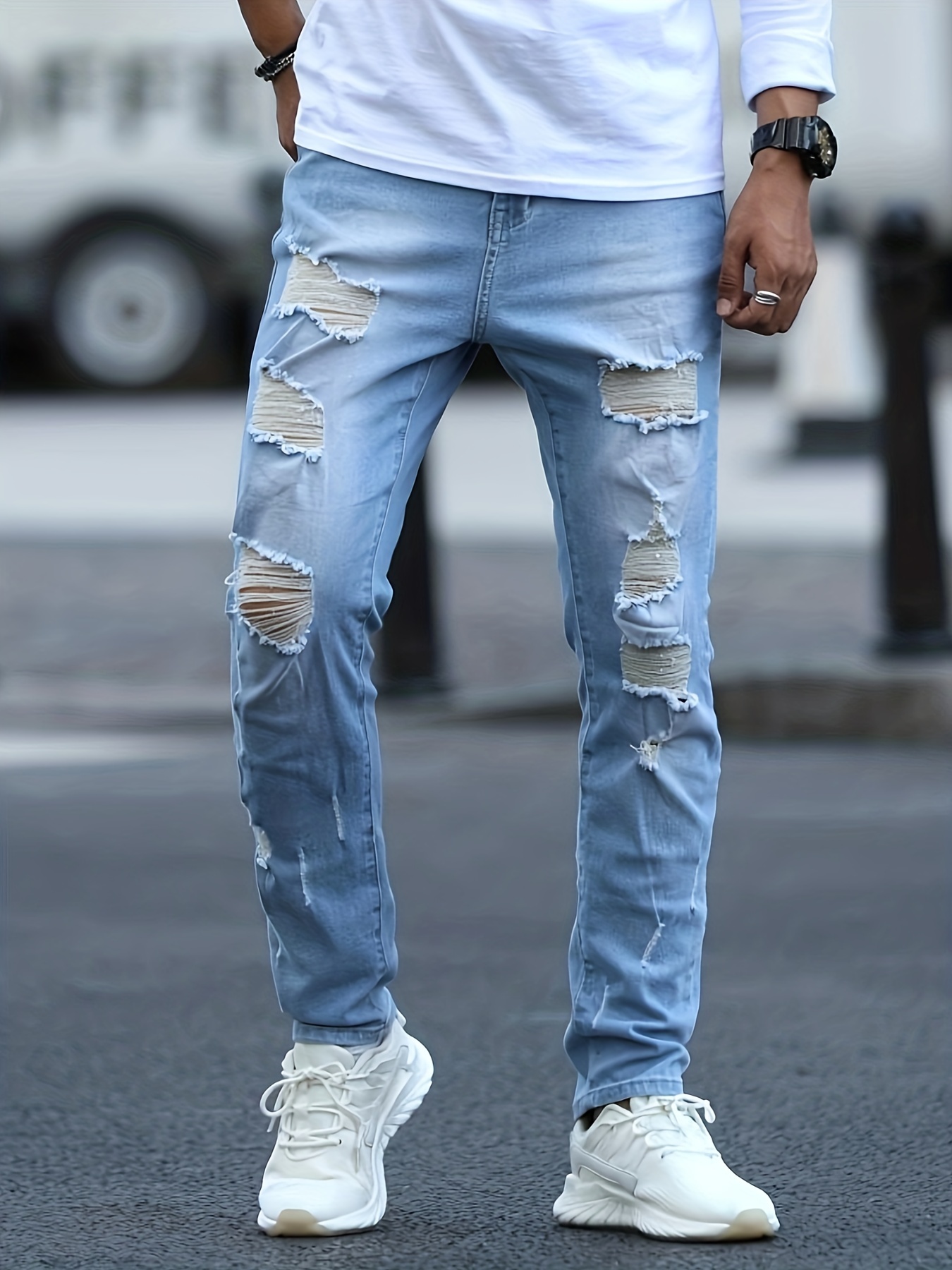 Slim Fit Jeans, Men's Casual Street Style Medium Stretch Distressed Denim  Pants With Pockets