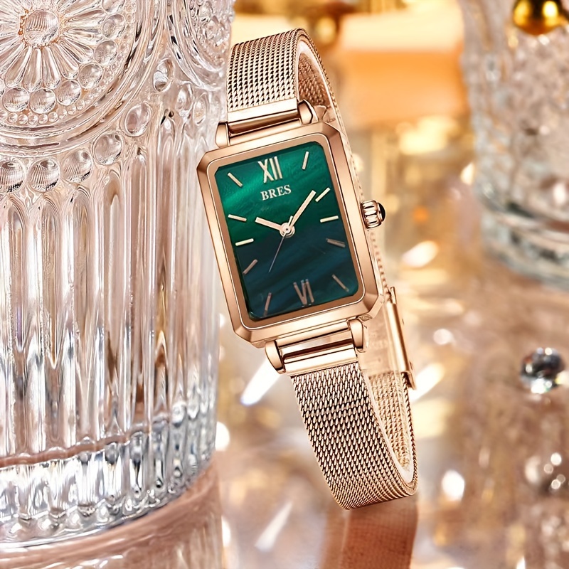 OLEVS Fashion Retro Square Watches for Women Green Stone Square Watch  Ladies Gold Analog Quartz Watches