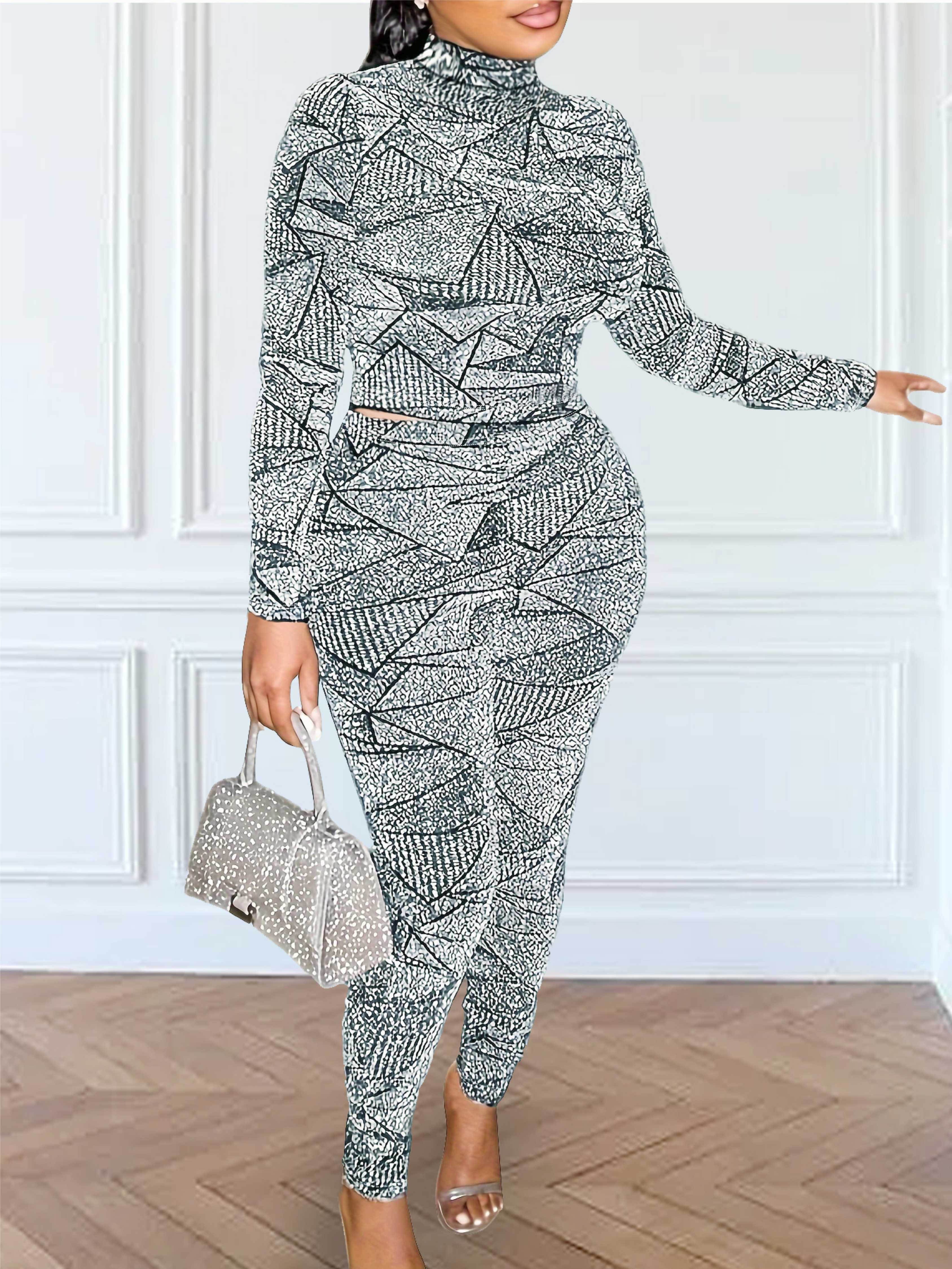 Plus Size All Over Print Two-piece Set, Mock Neck Long Sleeve Top & Slim  Pants Outfits, Women's Plus Size Clothing