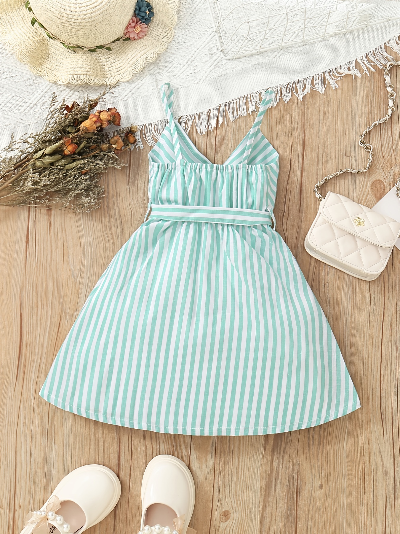 Girls Striped V-Neck Dress With Belt