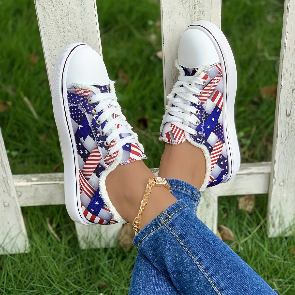 Women's Low Top Canvas Shoes、Flag Pattern Lace Up Flat Sneakers ...