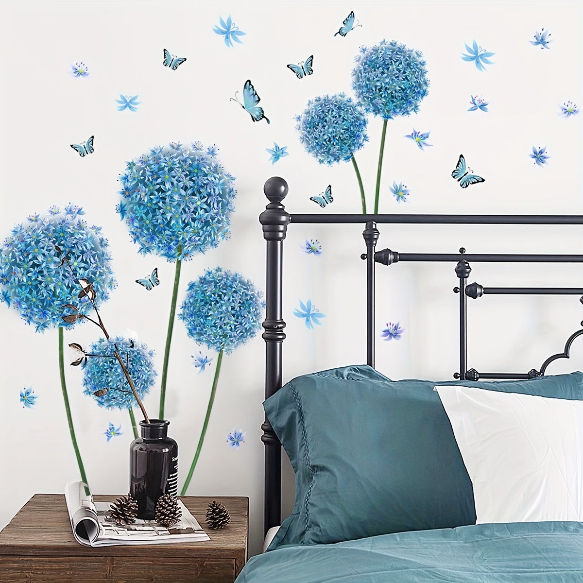 Autocollants muraux de fleurs bleues Pissenlit et papillon