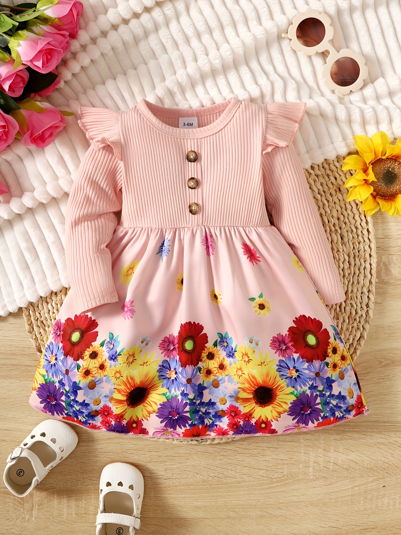 Baby Girls Cute Flower Print Round Neck Long Sleeve Dress - Temu