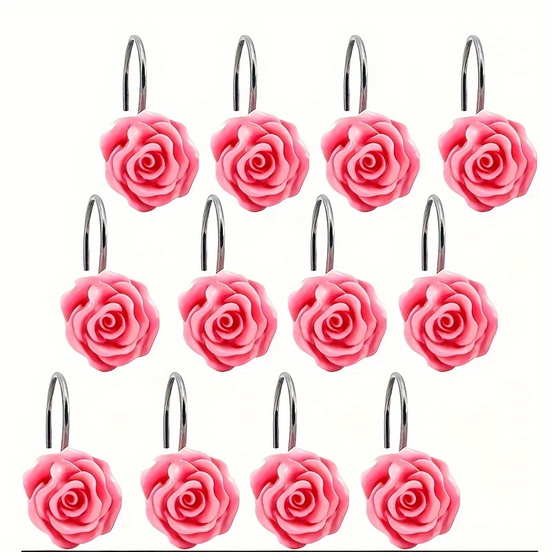 12pcs Shower Curtain Hooks, Home Decorative Rustproof Shower Curtain Hooks  Resin Rose Flower Shower Hooks Rings for Bathroom Shower Rods Curtains,  Pink Rose 