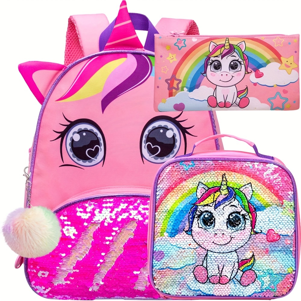 Girls Backpack Set for School, Cute Rainbow School Bag Set with Lunch Box  Pencil Bag Large Capacity 3 in 1 School Bookbag Set for Toddler Preschool