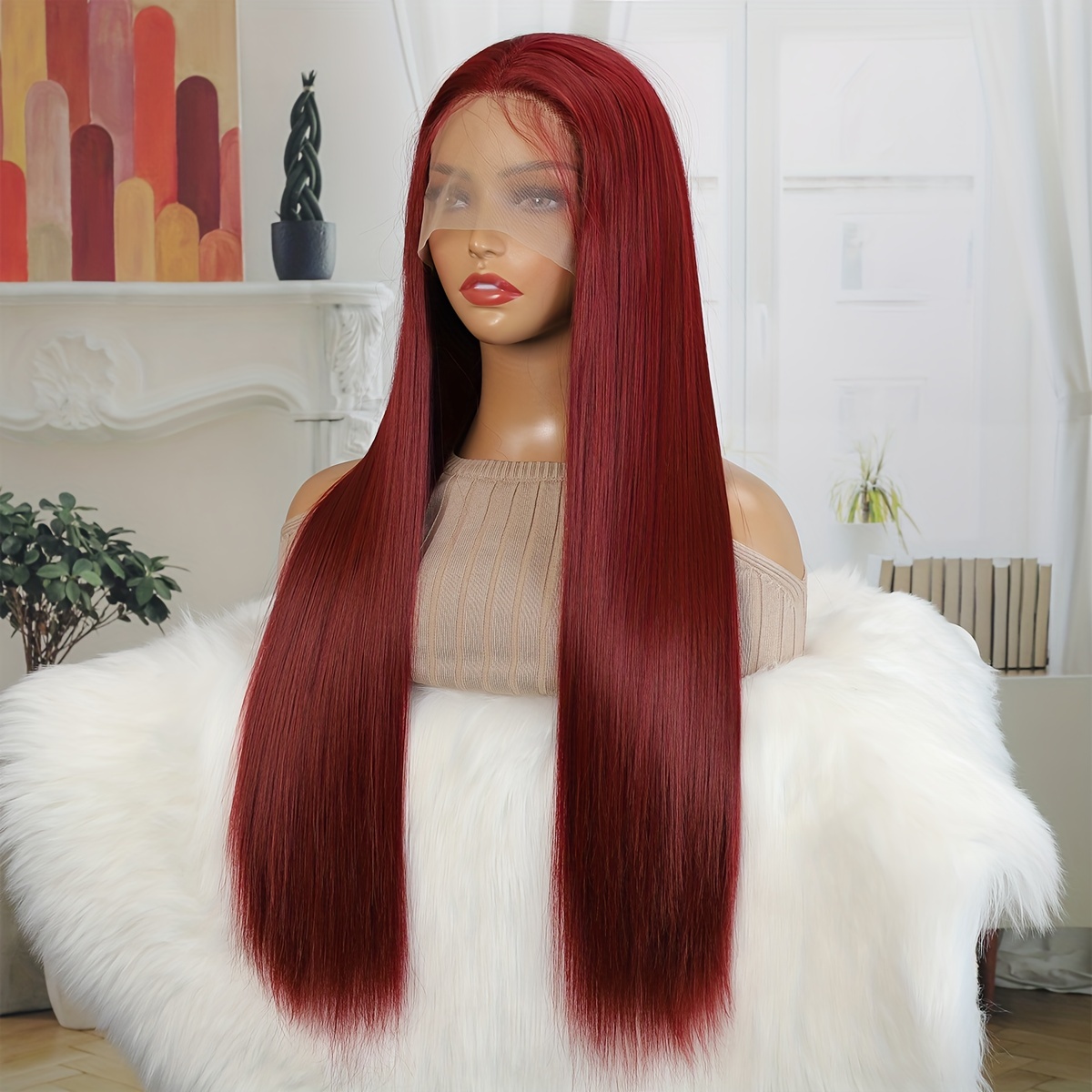 13 2.5 Lace Front Wig Burgundy Silk Straight Synthetic Wigs For Women Suitable For Daily Wear