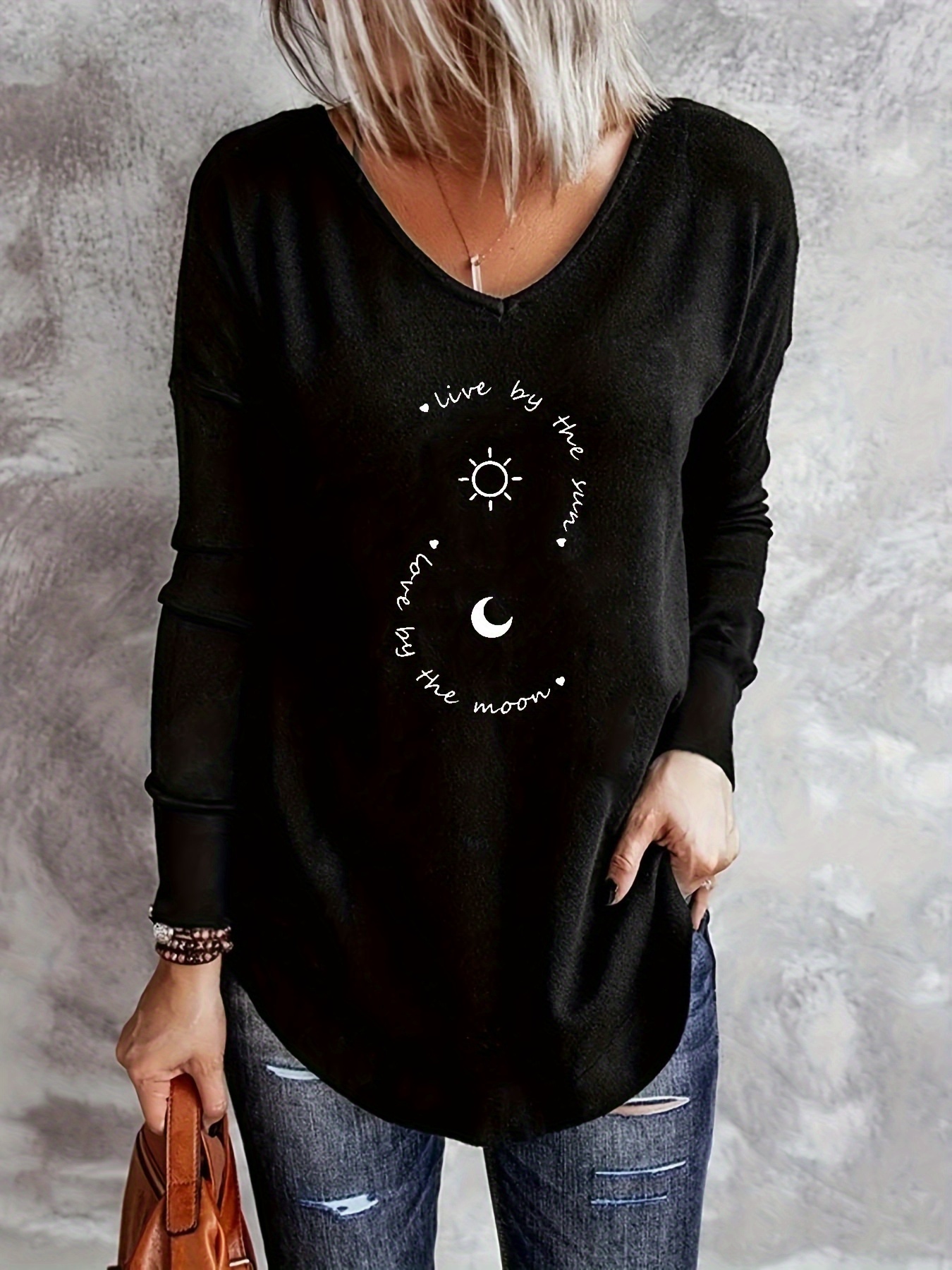 Sun & Moon Print V-neck T-Shirt, Casual Long Sleeve T-Shirt For Spring &  Fall, Women's Clothing