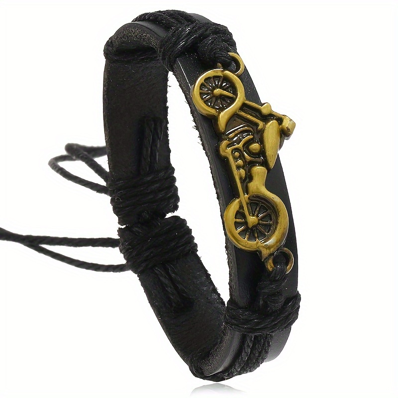 Image of Funky Vintage-inspired Genuine Leather Men's Bracelet With Alloy Motorcycle Charm - Fashionable Accessory