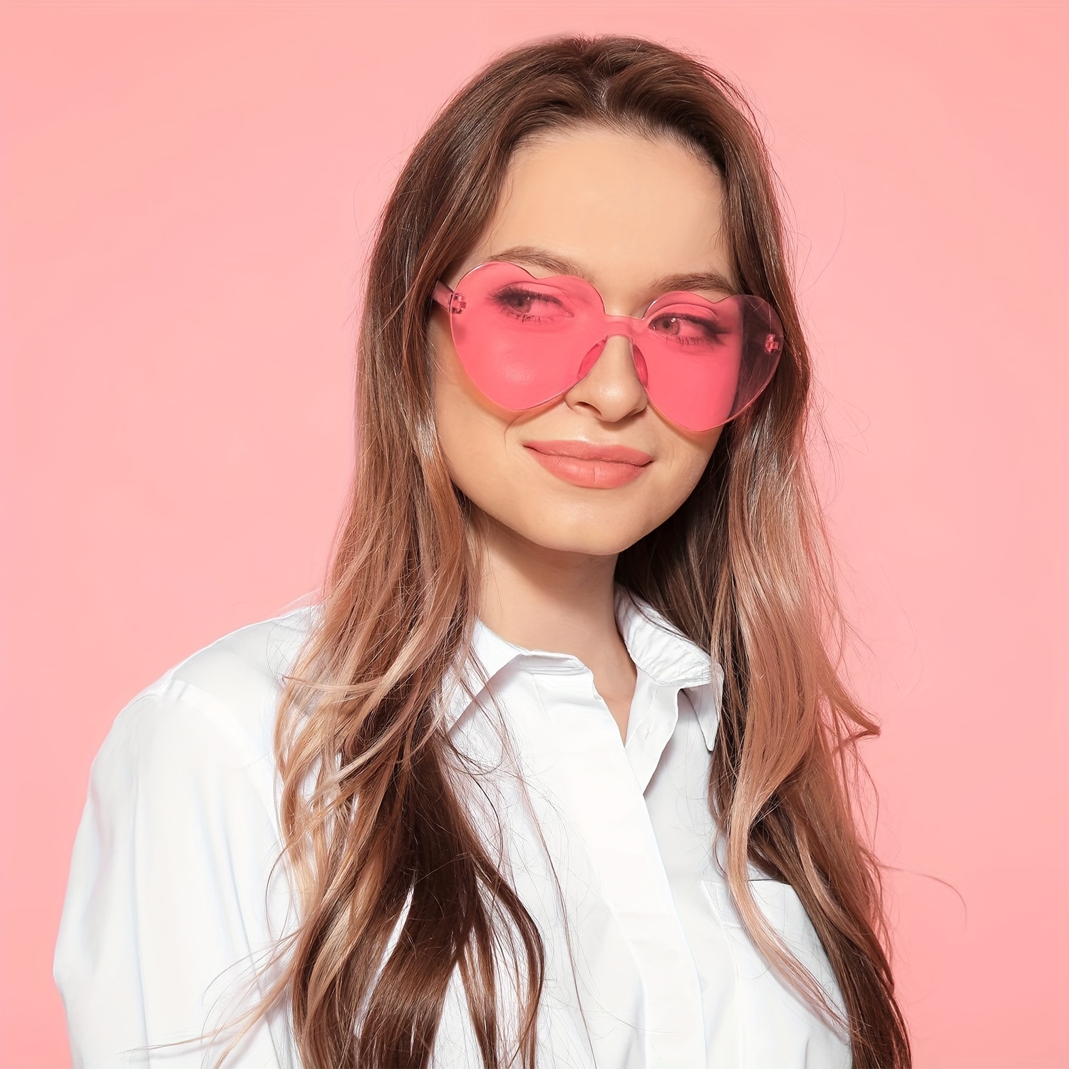 Pink Heart Shape Love Glasses Rimless Decoration Sunglasses Transparent  Candy Color Frame Less Glasses