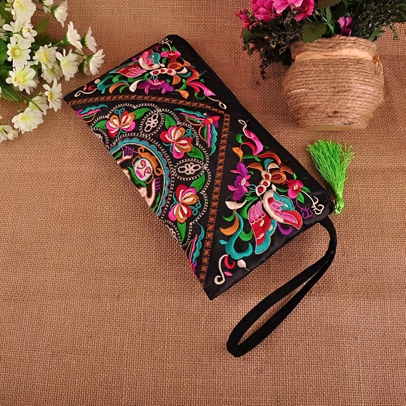 Women's Ethnic Embroidered Long Wallet, Portable Zipper Around Purse,  Causal Coin Purse - Temu