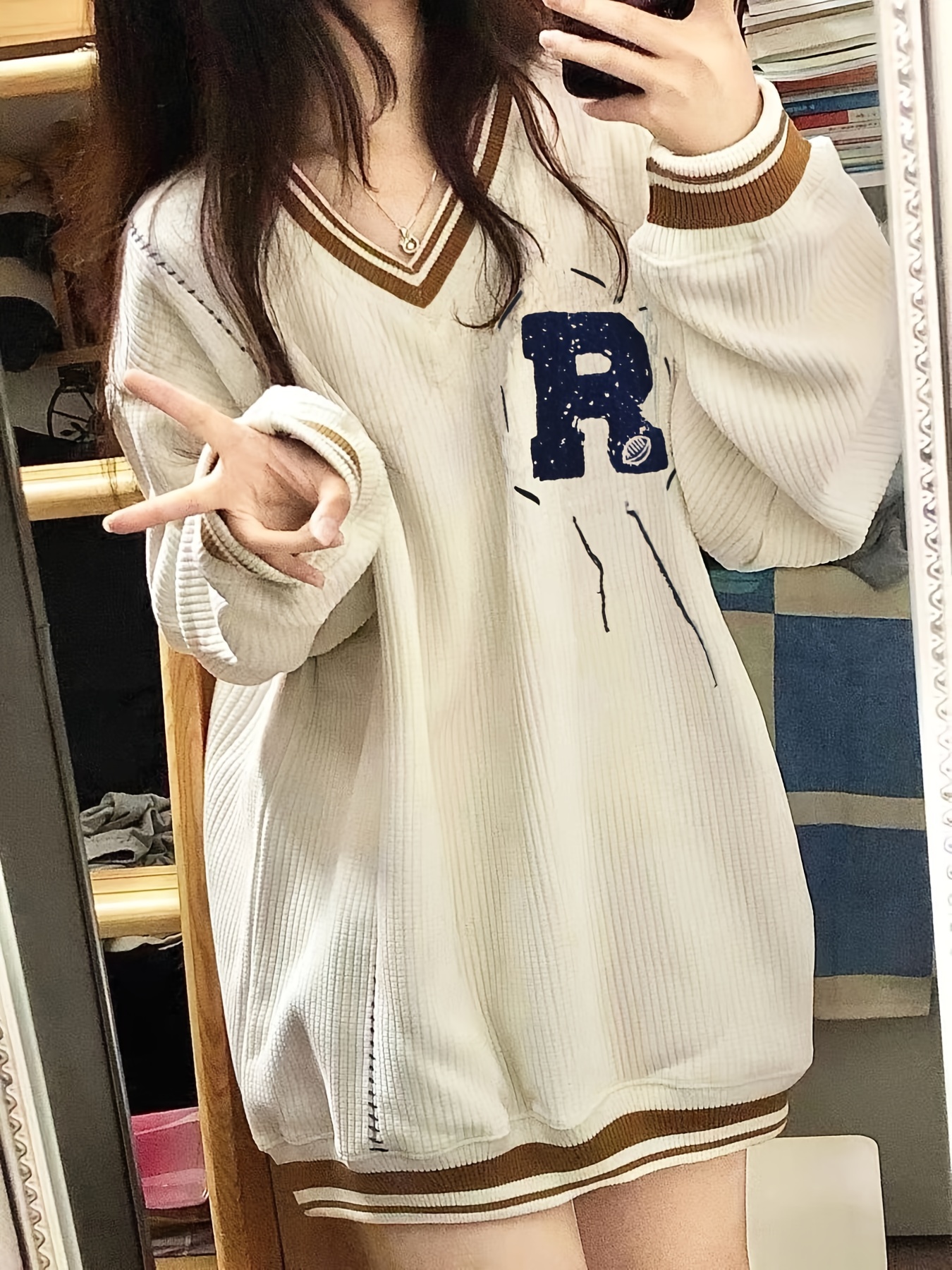 r pattern v neck pullover sweater preppy long sleeve loose sweater for fall winter womens clothing beige 2