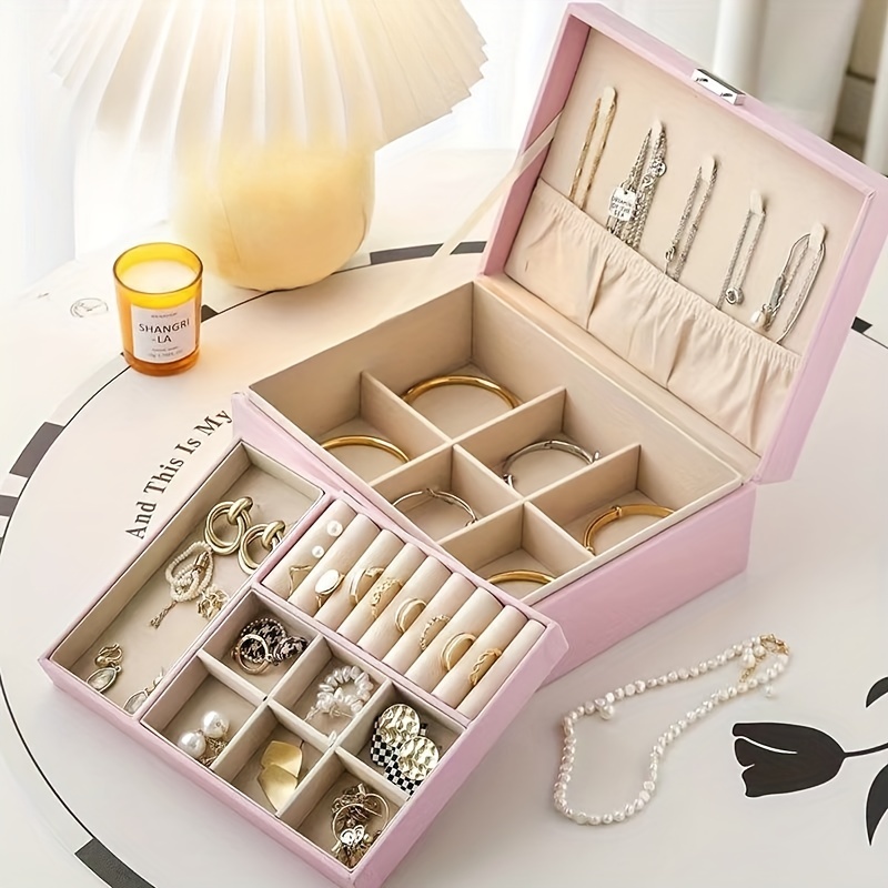 1pc Jewelry Organizer Box, Leather Jewelry Box For Gift, Earring Organizer,  Double Layers Jewelry Case, Removable Tray For Necklace Earring Ring, New