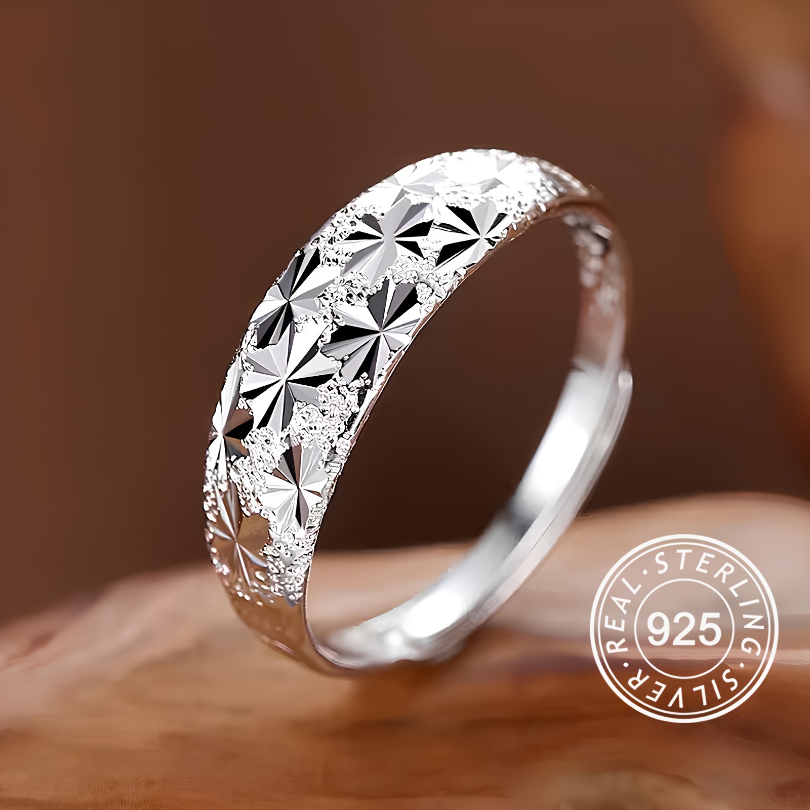 925 Silver Band Ring Geometric Carving Surface Men Women Adjustable High Ring