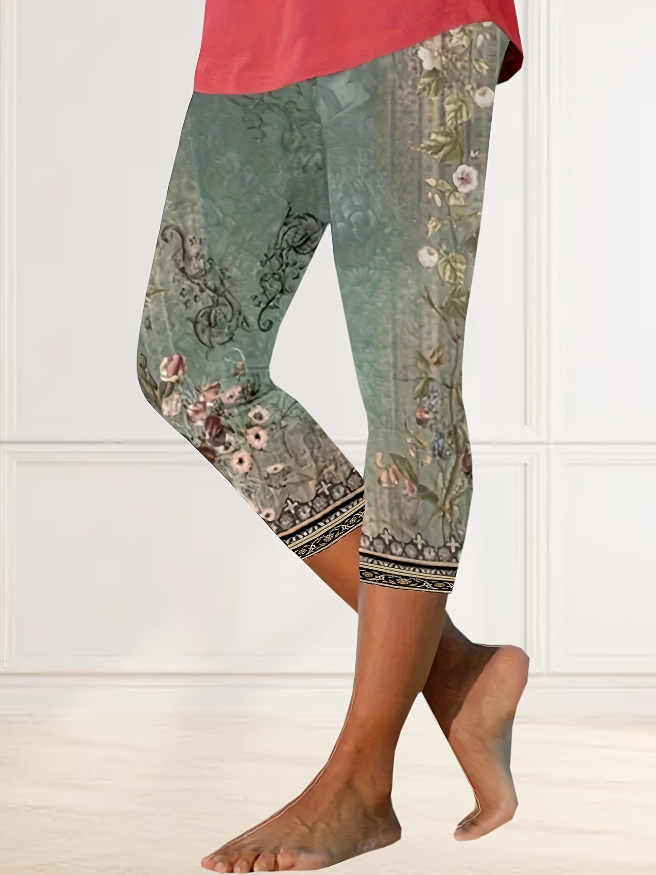 Floral Print Skinny Capri Leggings, Casual Elastic Waist Cropped Leggings,  Women's Clothing