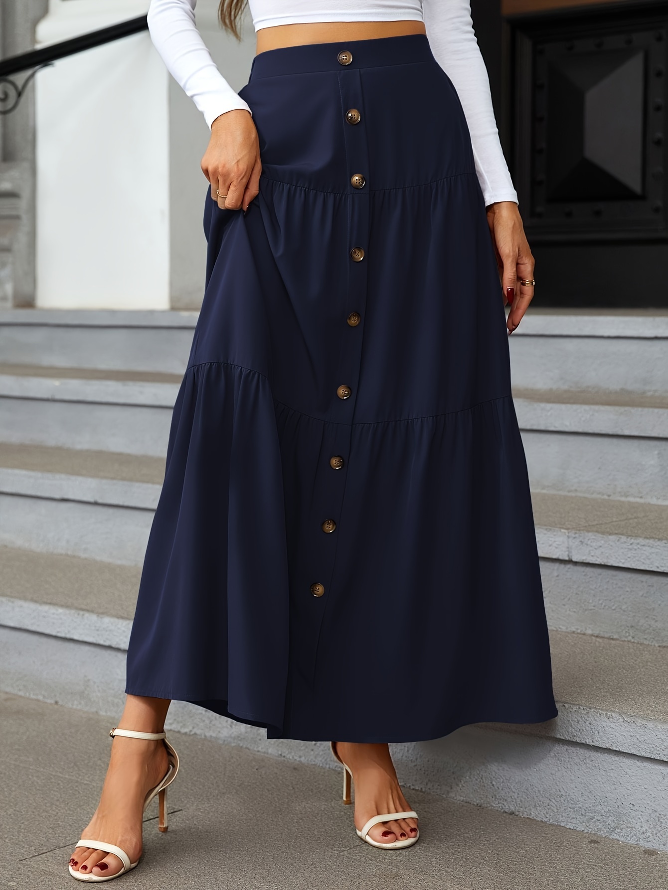 high waist tiered skirts casual solid button front maxi skirts womens clothing details 10