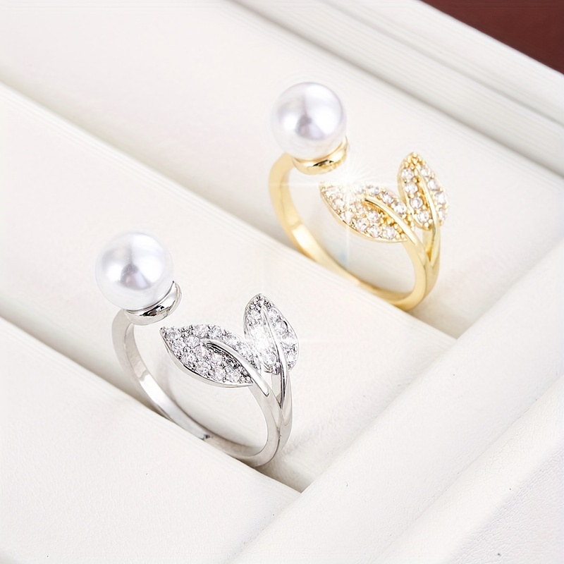 Elegant Adjustable Copper Zircon Faux Pearl Ring Women Girls - Temu