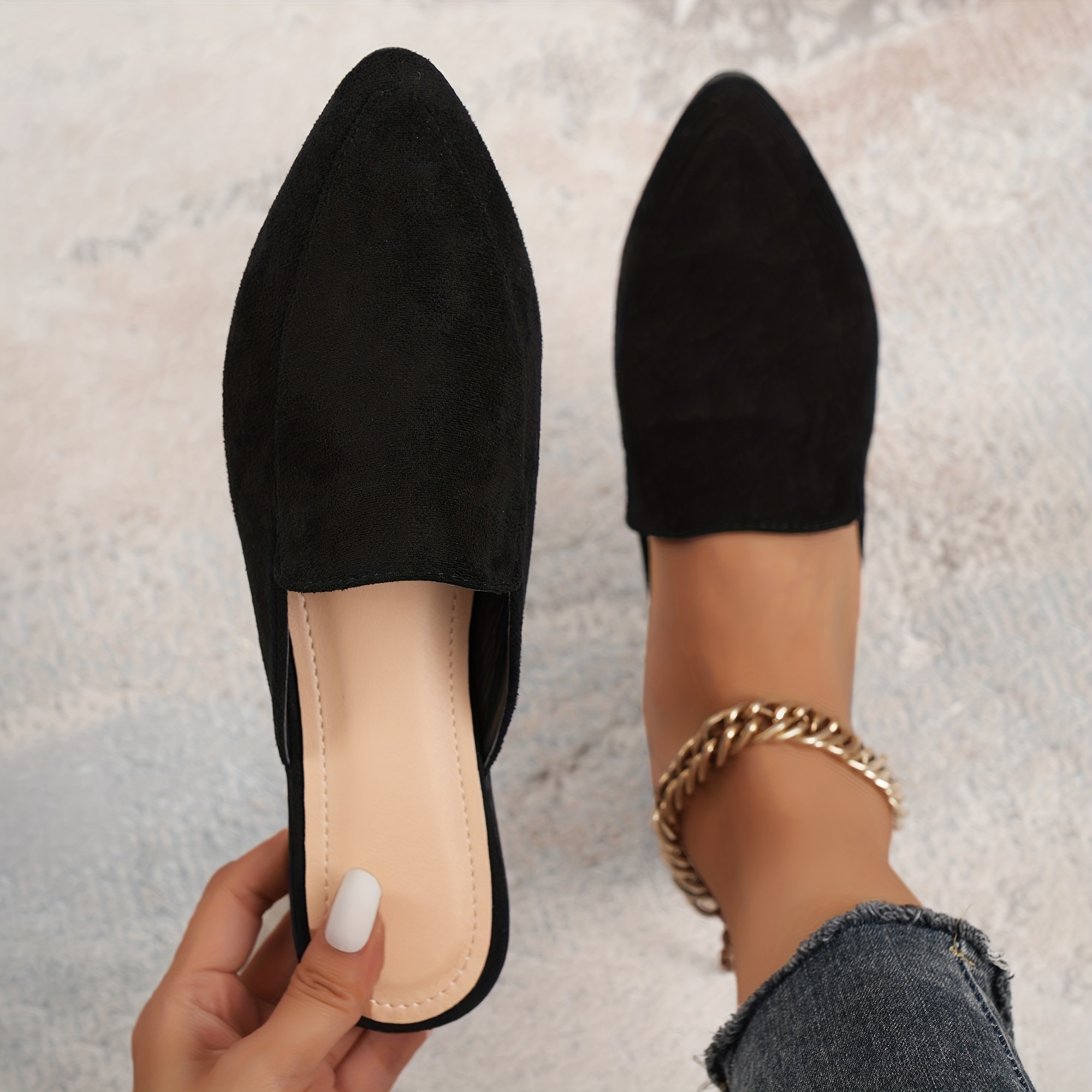 Women s Pointed Toe Flat Mules Solid Color Backless Loafers All Match Outdoor Flat Shoes