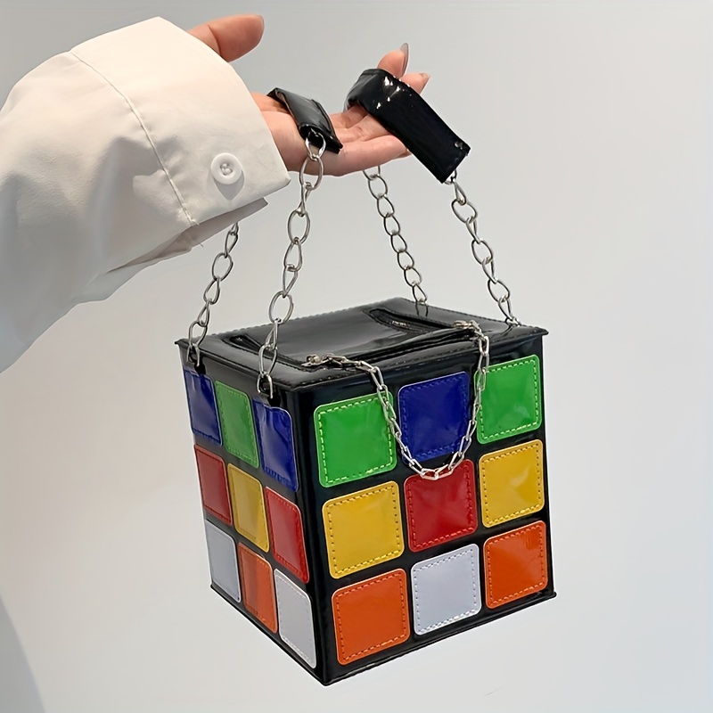 Retro Glossy Red Multicolor Square Rubiks Cube Shape Purse Chain Handbag  NEW