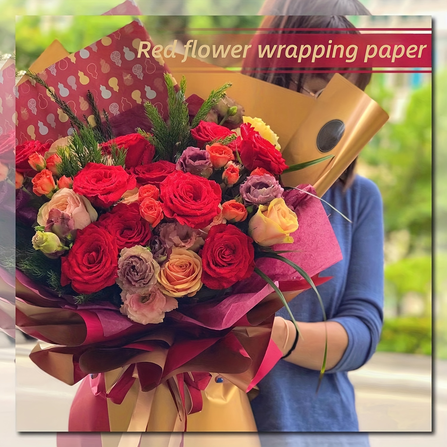 Double Sided Color Flower Wrapping Paper Red+Gold 22.8x22.8 Waterproof 10  Pack