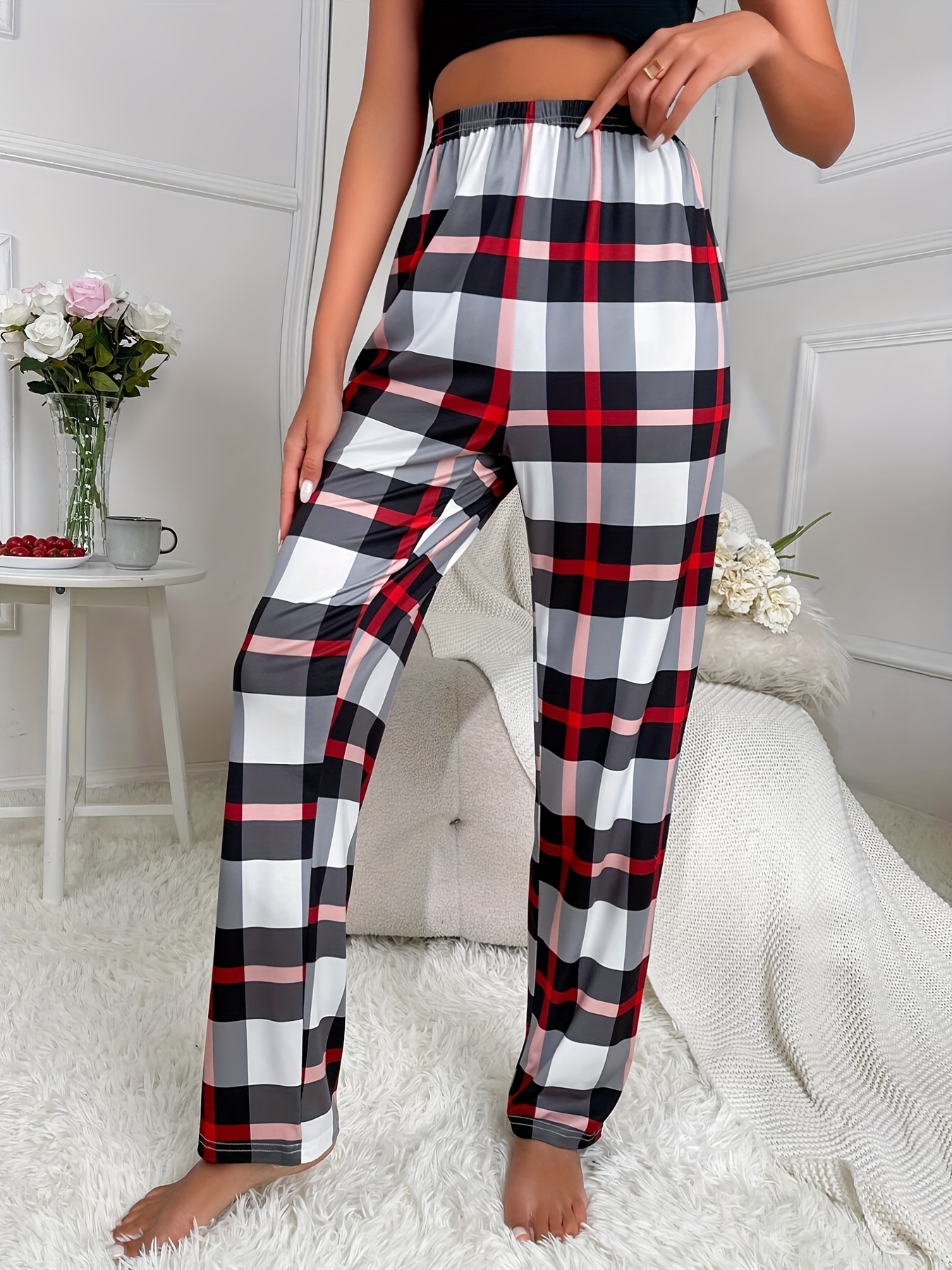 Pantalones de pijama a cuadros de búfalo para mujer, con cordón de pierna  ancha, pantalones de descanso cómodos a cuadros, pantalones de pijama