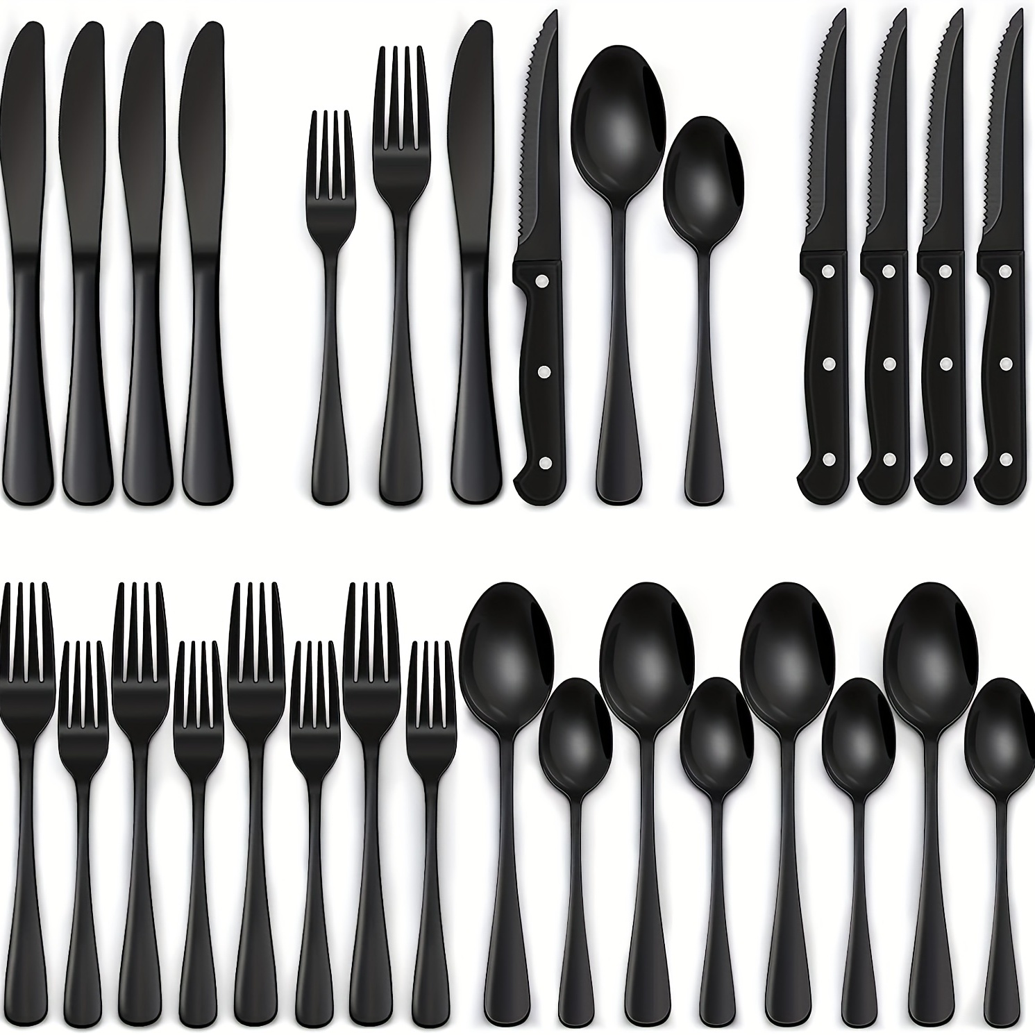 Juego de 20 cubiertos negros de acero inoxidable con tenedores, cucharas y  cuchillos para 4, con pulido de espejo, aptos para lavavajillas, Juego de