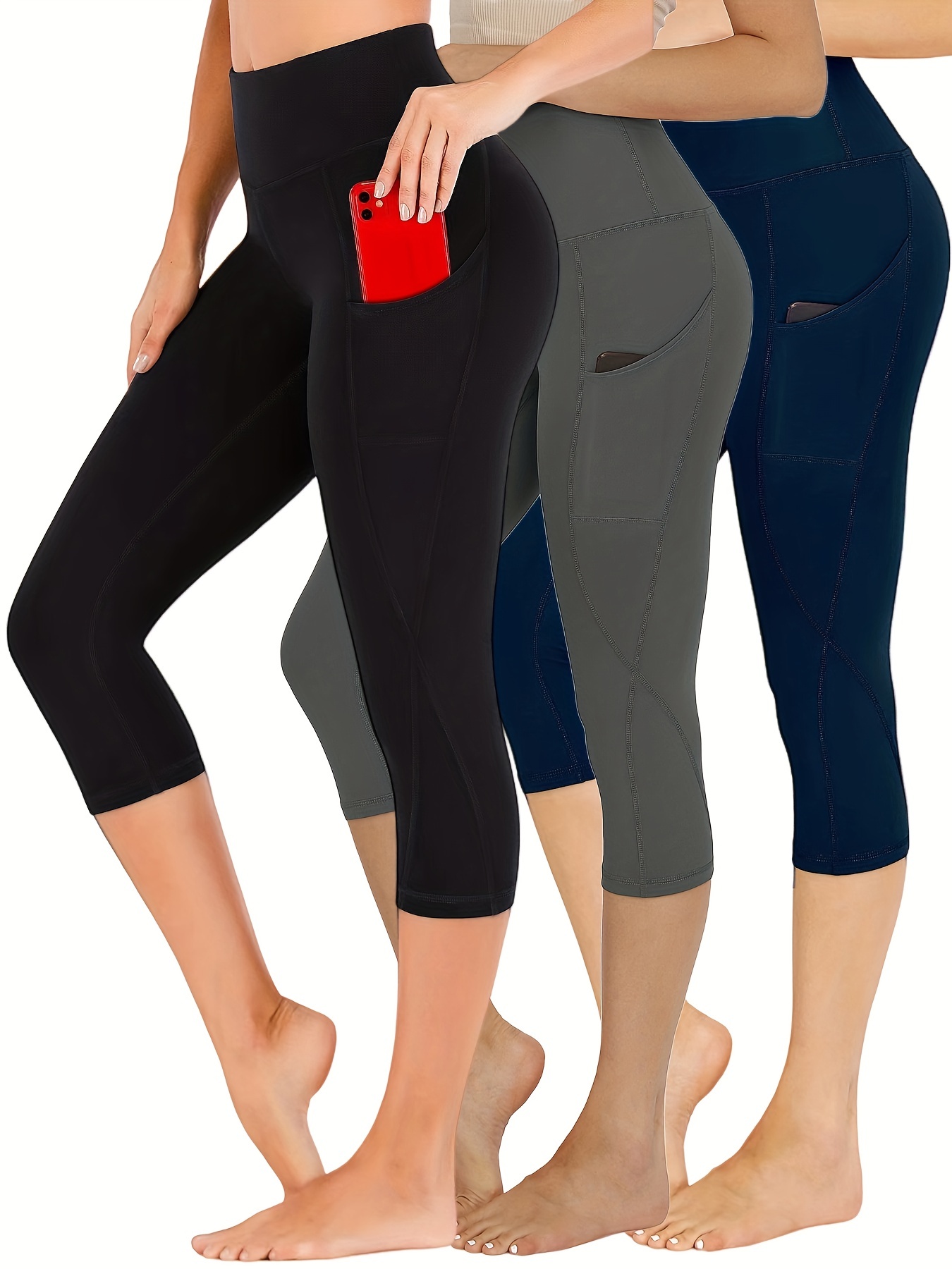 3 Pack Capri Leggings para Mujer con Bolsillos-Cintura Alta Control de  Vientre Pantalones de Entrenamiento Gimnasio Yoga