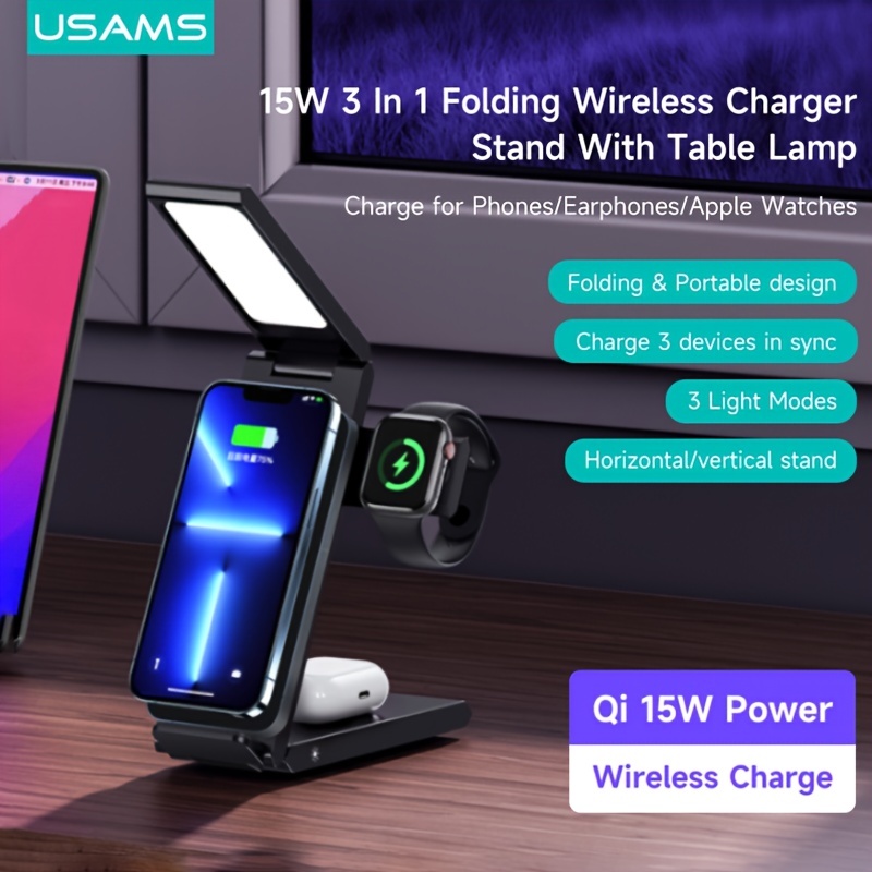 USAMS US-CD195 15W 4 in 1 Porta di Ricarica Wireless Telefono Caricatore di  Orologio Auricolare Con Lampada da Tavolo