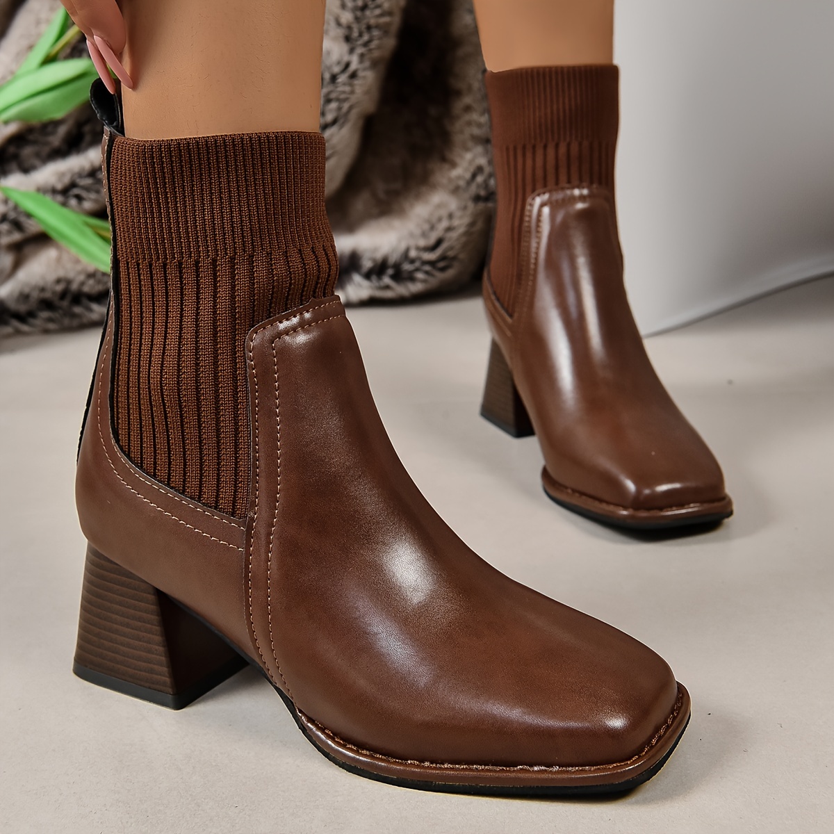 Women's Chunky Heeled Short Boots, Fashion Square Toe Knitted Splicing Boots, Stacked Heeled Slip On Ankle Boots