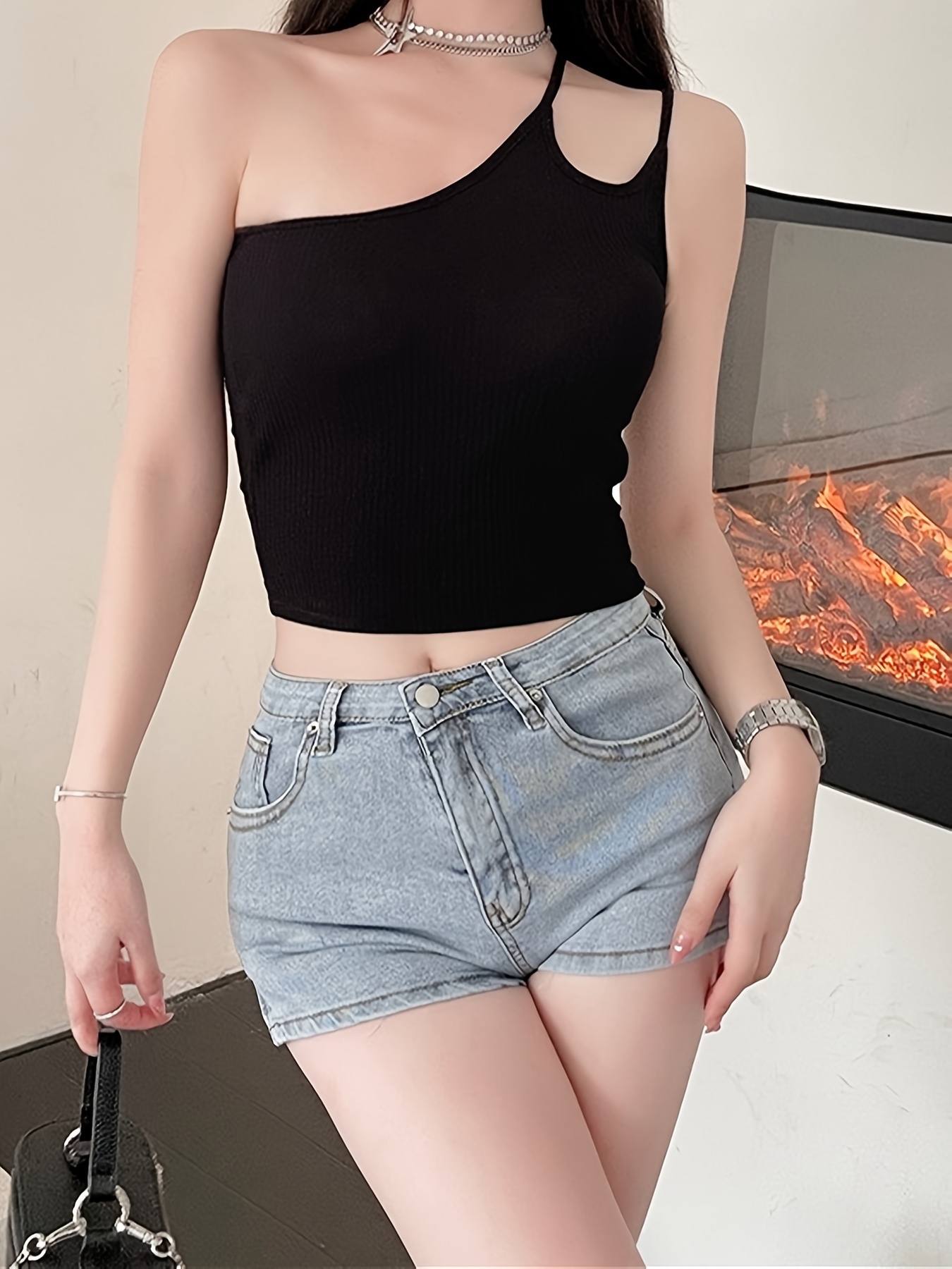 One shoulder Crop Tube Tops Street Solid Hollow Slim Fits - Temu