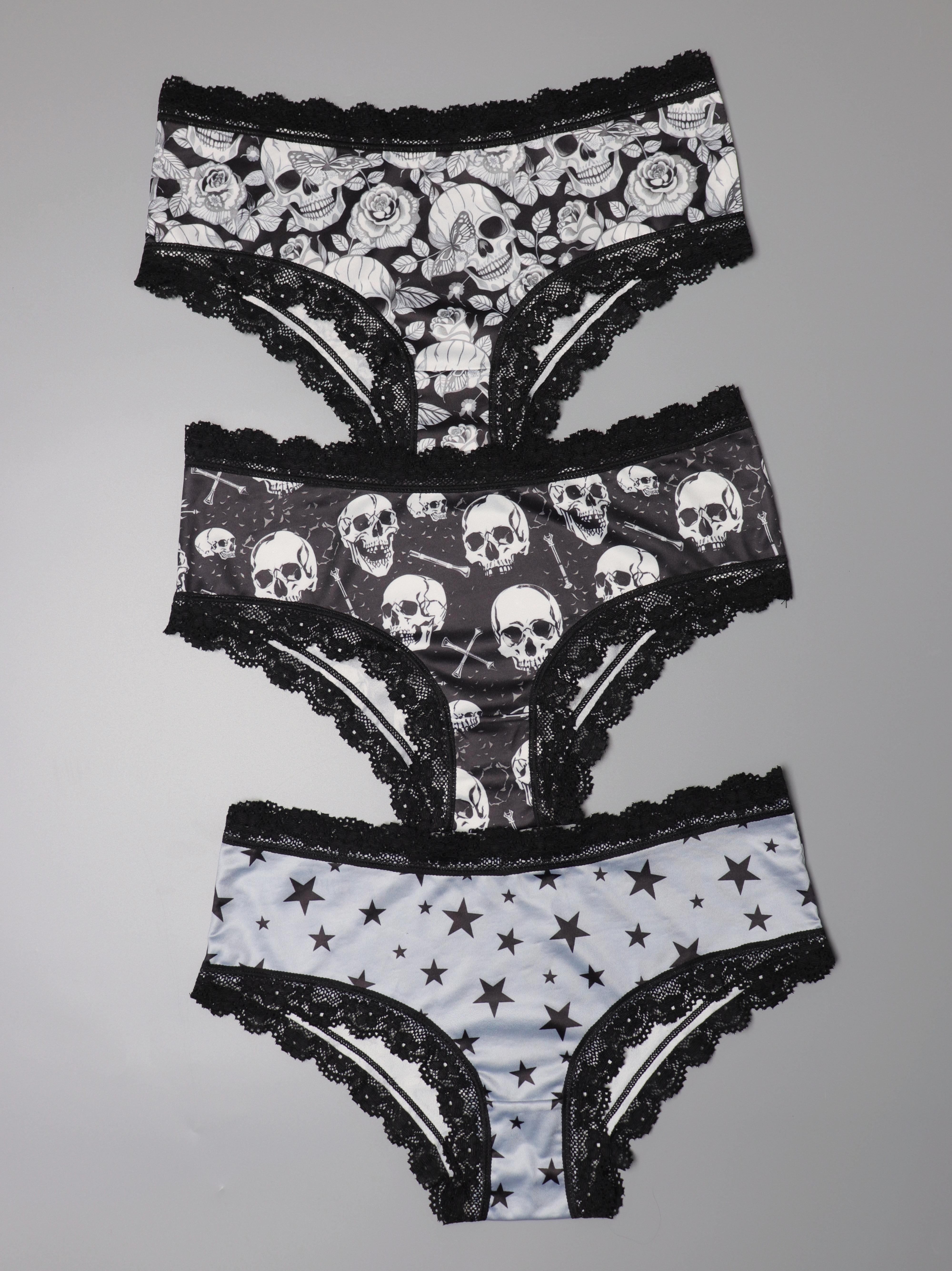 Skeleton Print Contrast Lace Striped Panties Women's Novelty - Temu
