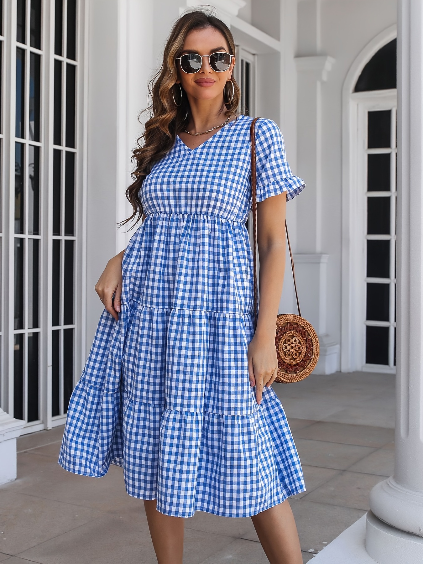 Cute Dress for Women Plus Size Button Up Short Sleeve Midi Dress Lapel  Collar Ruched Tiered Swing Dress 