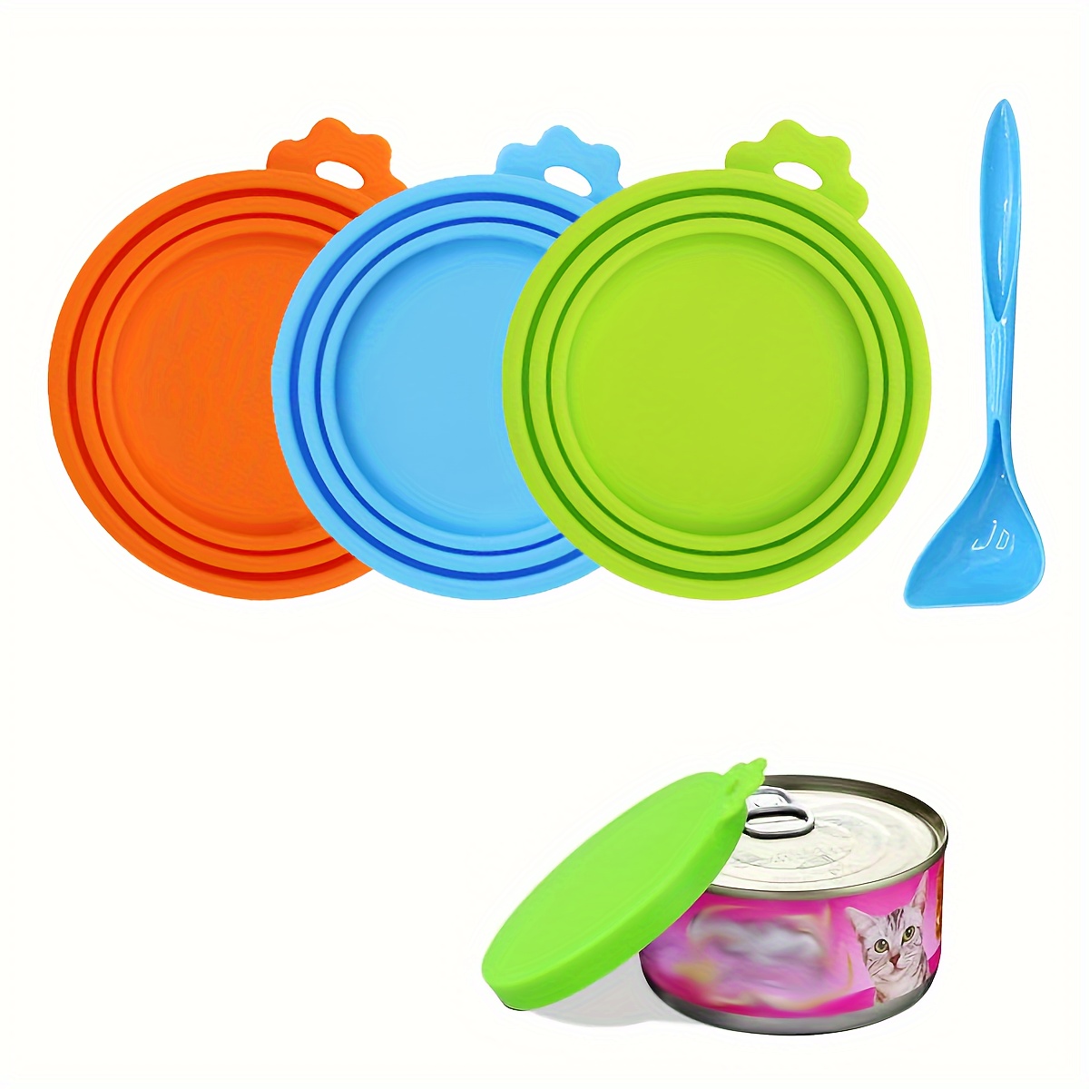 

4pcs Pet Food Can Cover Silicone Can Lids For Dog And Cat Food (universal Size, 1 Fit 3 Standard Size Food Cans) - 3 Pack & Spoon, Multi-colored