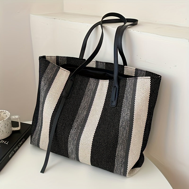 Striped Canvas Tote Bag, Simple Large Shoulder Bag, Women's Zipper Handbag  For School Work Travel Shopping