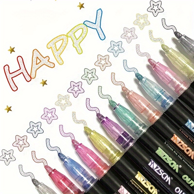 Double Line Outline Pens, 12 Colors Self-outline Metallic Markers, Shimmer  Glitter Pens Set for Christmas Card Writing, Birthday Greeting, DIY Art