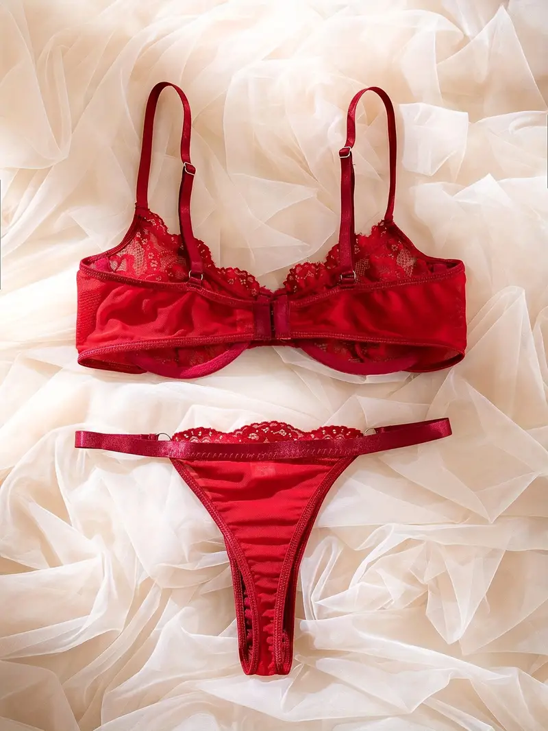 Red satin and lace bra set Lounge underwear - Depop