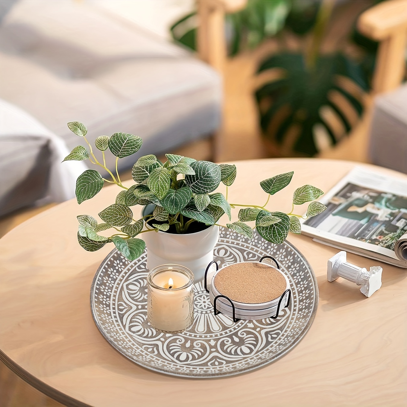 Round Wooden Decorative Tray Rustic Coffee Table Wood Tray - Temu